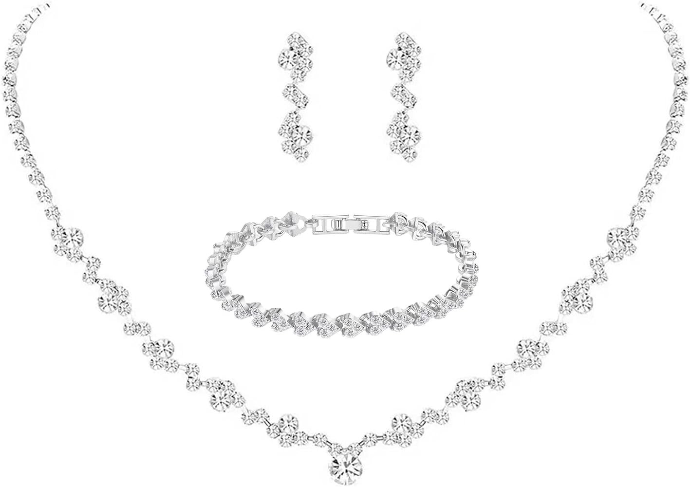 Crystal Wedding Jewelry Set, Silver Necklace Earrings Bracelet Crystal Bridal Wedding Jewelry Set... | Amazon (US)