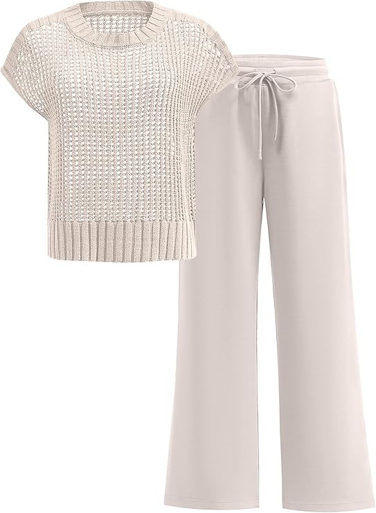 Women Two Piece Outfits Crochet Sheer Knit Sweater Top Wide Leg Pants Lounge Matching Sets Sweats... | Amazon (US)
