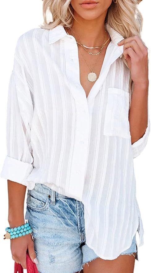 Astylish Womens V Neck Striped Roll up Sleeve Button Down Blouses Top | Amazon (US)