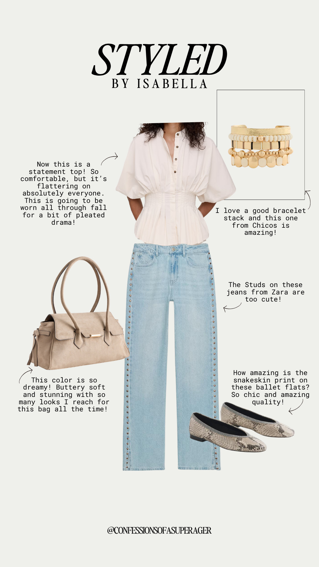 A little pleated drama 🤍 This statement peplum top paired with studded straight-leg jeans, chic snakeskin ballet flats, a buttery neutral handbag, and a gold bracelet stack is the perfect elevated everyday outfit. Effortless, flattering, and so easy to dress up or down—shop the entire look linked on LTK @confessionsofasuperager! ✨ #LTKStyle #FashionOver40 #Over40Style #ElevatedStyle #ClassicStyle #EverydayChic #PeplumTop #StatementTop #StraightLegJeans #BalletFlats #SnakeskinShoes #NeutralStyle #GoldJewelry #CapsuleWardrobe #QuietLuxury #TimelessStyle #FallFashion #CasualChic #StyleInspiration #LTKFashion

#LTKootd #LTKSeasonal #LTKSaleAlert