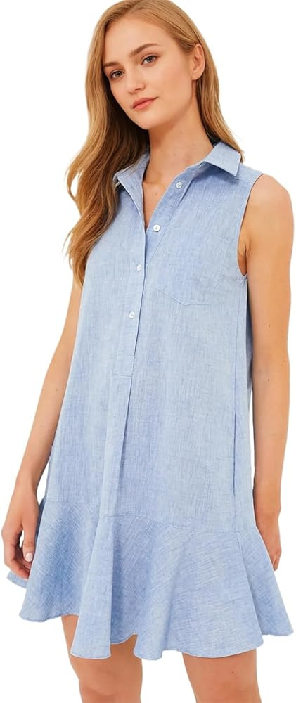 Women's Sleeveless Shirt Dress Summer Collared Button Down Ruffle Hem Tank Mini Dress | Amazon (US)