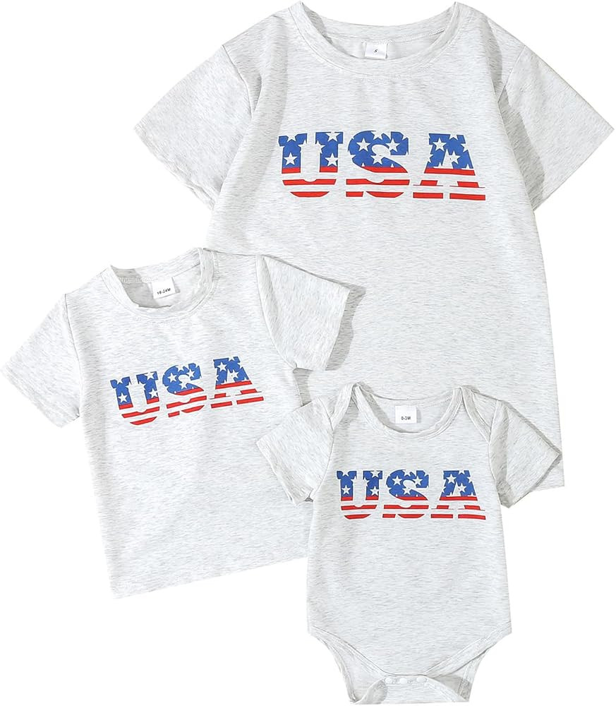 Mommy and Me Matching 4th of July Outfits Shirt Mom Kids Baby Fourth of July USA Shirt/Romper Fam... | Amazon (US)