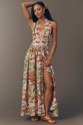 Farm Rio Sleeveless Halter Linen-Blend Maxi Dress | Anthropologie (US)