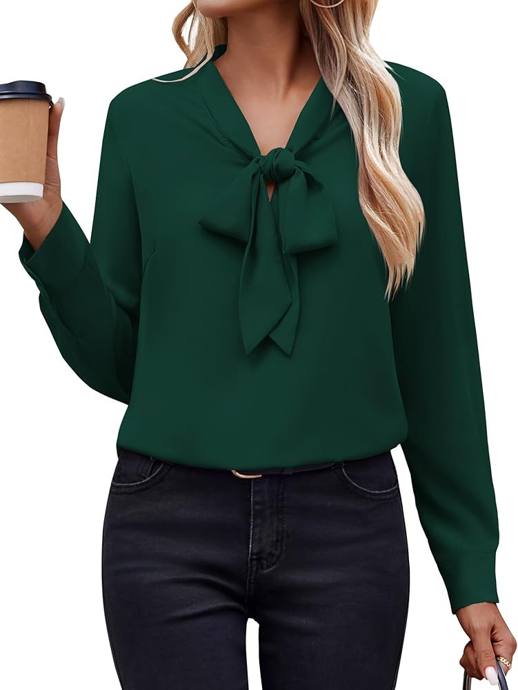 Zeagoo Womens Blouses Chiffon Long Sleeve Shirts Bow Tie Neck Work Tops Business Casual Outfits | Amazon (US)
