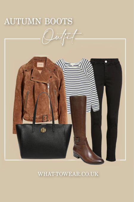 Style a brown biker jacket with a classic Breton stripe top, black jeans (skinny are best) and riding boots for a classy casual outfitt

#LTKover40