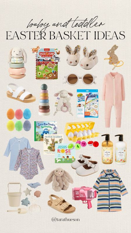 Toddler and baby Easter basket stuffer ideas! More on the blog tarathueson.com

Easter gift ideas