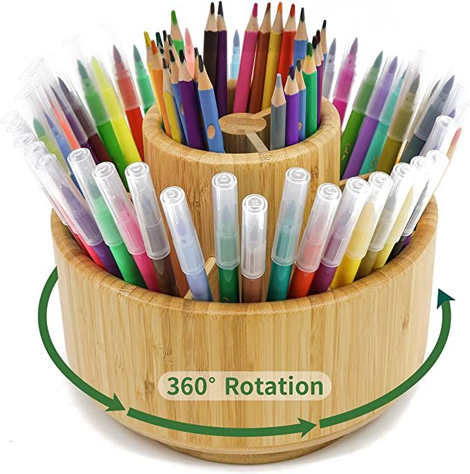 VaeFae Bamboo Pen Holder Organizer, Round Rotating Art Supply Organizer, Hold 420 Pencils, Deskto... | Amazon (US)