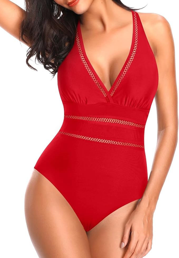 Tempt Me Women Sexy Halter One Piece Swimsuits Mesh Hollow Out Tummy Control Monokini V Neck Bath... | Amazon (US)