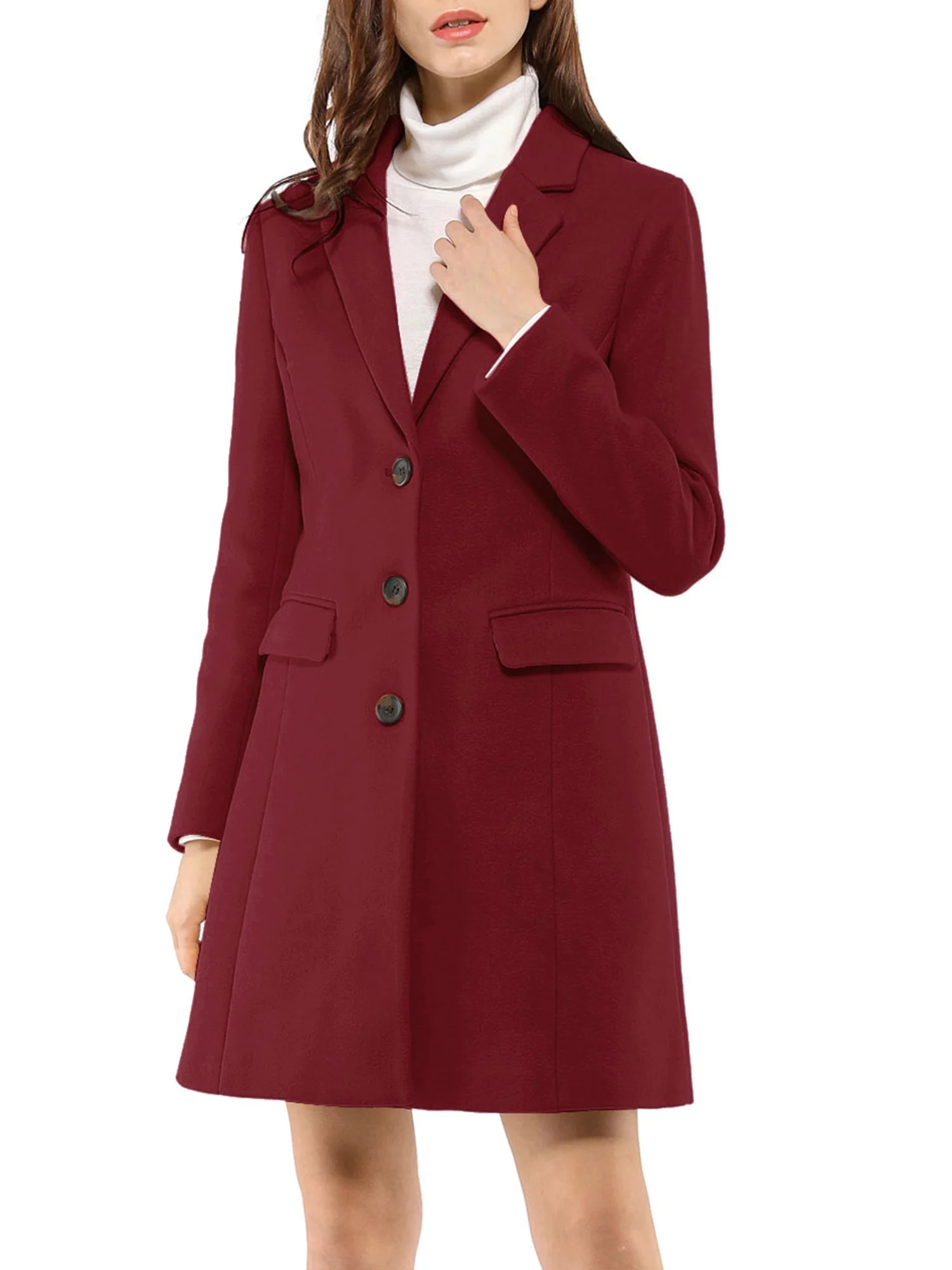 Allegra K Women's Notched Lapel Long Sleeves Single Breasted Winter Long Coat M Burgundy - Walmar... | Walmart (US)