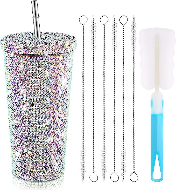 Studded Bling Diamond Tumbler Glitter Water Bottle with Lid Stainless Steel Vacuum Thermal Straw ... | Amazon (US)