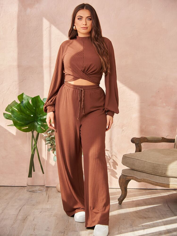 SHEIN Felegant Plus Lantern Sleeve Mock Neck Crop Top & Drawstring Waist Wide Leg Pants | SHEIN