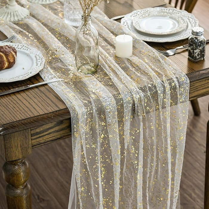 Artoid Mode Beige Gold Gauze Table Runner 120 Inch 10FT, Glitter Metallic Foil Sheer Dining Weddi... | Amazon (US)