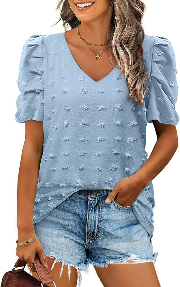 FAPPAREL Short Sleeve Tshirts for Women Chiffon V Neck Blouses Cute Puff Sleeve Tops | Amazon (US)