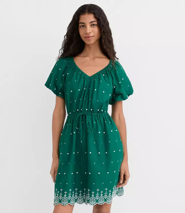 Eyelet Puff Sleeve Mini Pocket Dress | LOFT