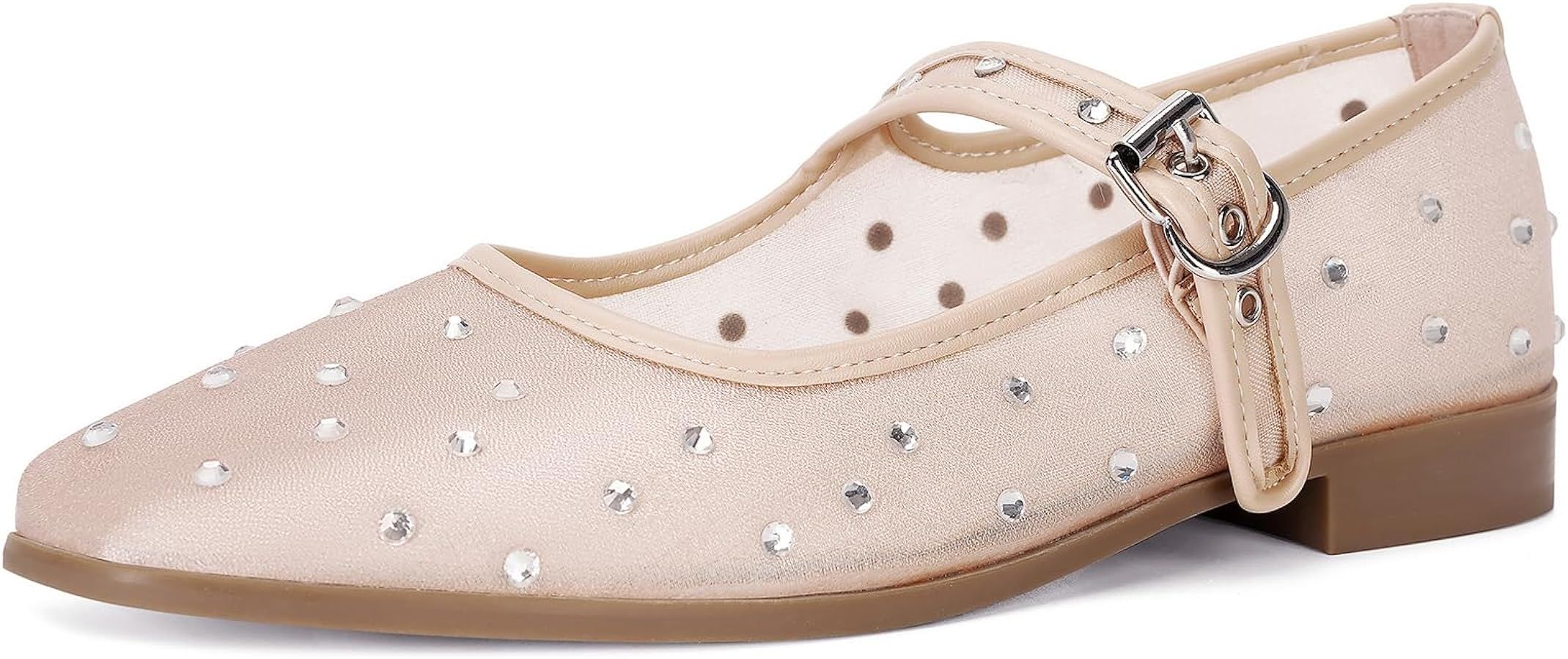 Rhinestone Mary Jane Flats for Women Sparkly Ballet Flats with Buckle Strap Square Toe Embellishe... | Amazon (US)