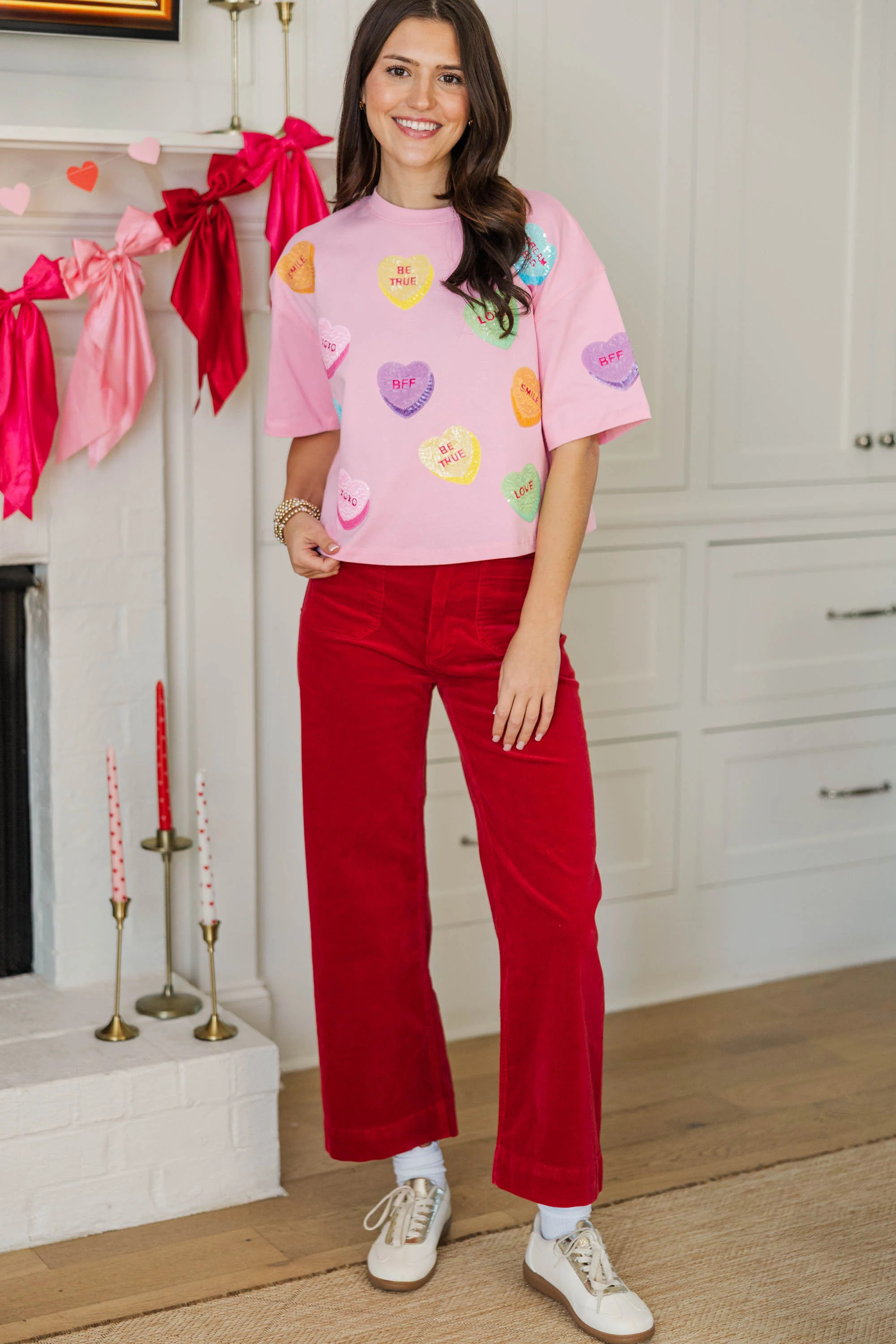 Heart Day Fun Blush Sequin Candy Hearts Top | The Mint Julep Boutique