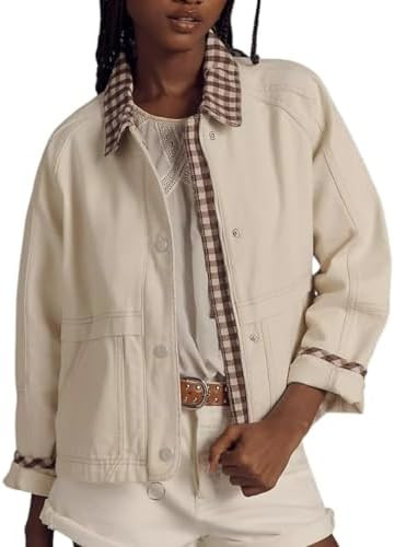 VAOYIU Women Snap Button Denim Jacket Cuffs Loose Plaid Collar Outfit Trendy Jean Coat with Pocke... | Amazon (US)