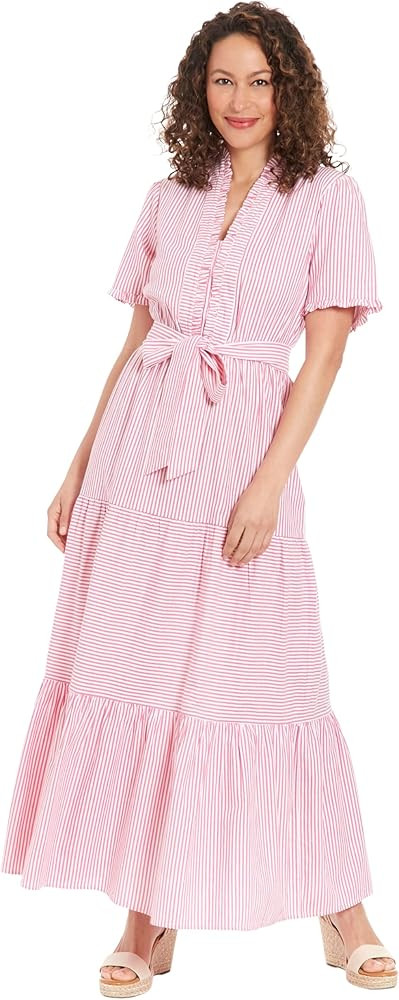 London Times Women's Ruffle Neck Tiered Maxi with Sash | Amazon (US)