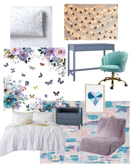 Blue, purple, and teal tween affordable girl’s bedroom design. 
#girlsbedroom #tweenbedroom 

#LTKfamily #LTKkids #LTKhome