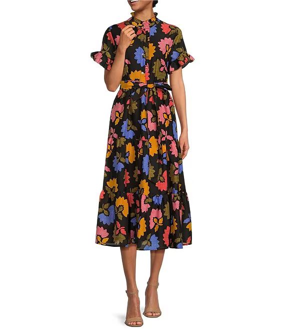 Avery Floral Button Up Short Ruffled Sleeve Tie Waist Midi Dress | Dillard's