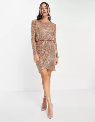 Forever New wrap front sequin mini dress in soft gold | ASOS (Global)