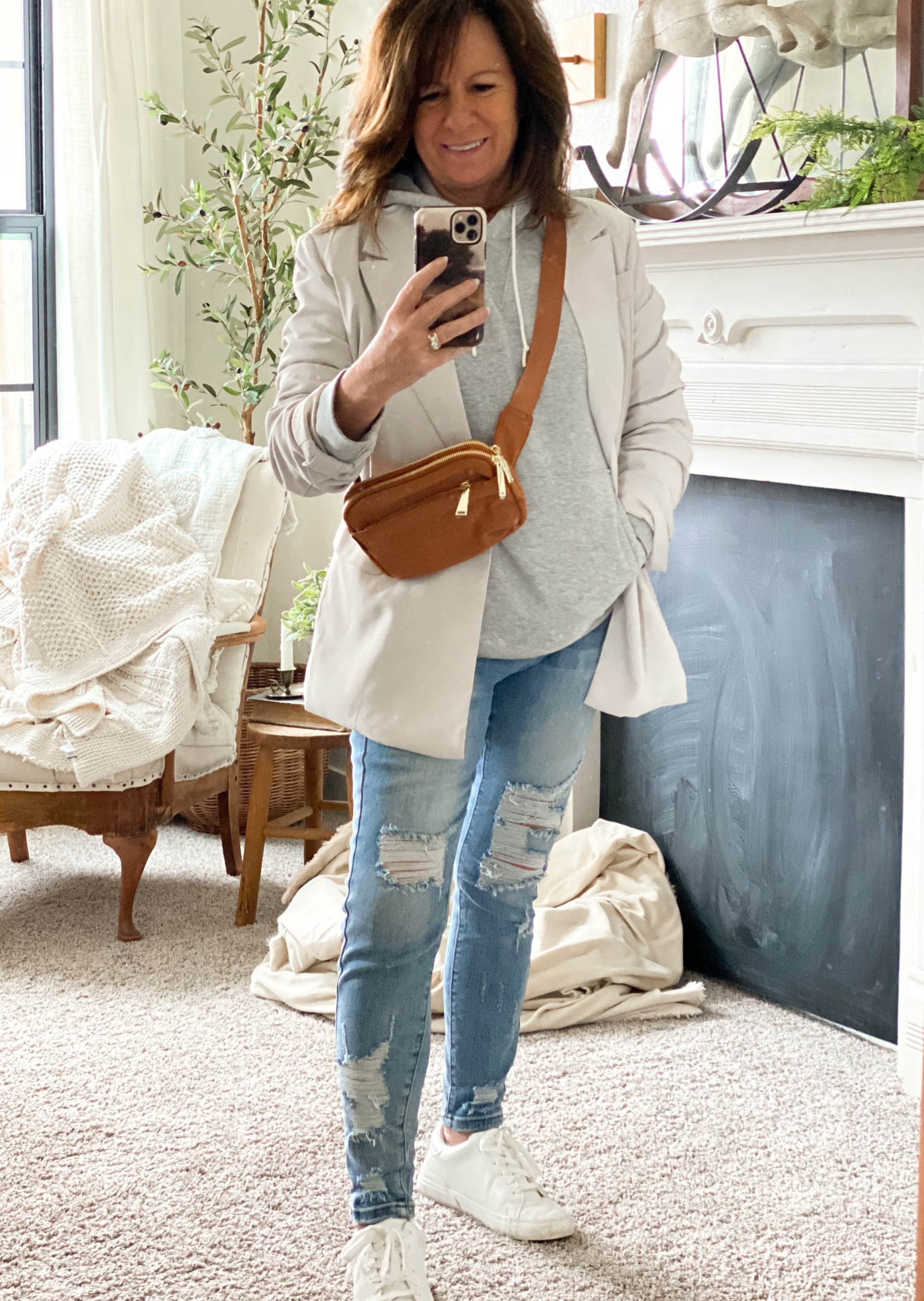 Casual on the go look, stone blazer, hoodie, jeans, white sneakers 

#LTKstyletip #LTKshoecrush #LTKunder100