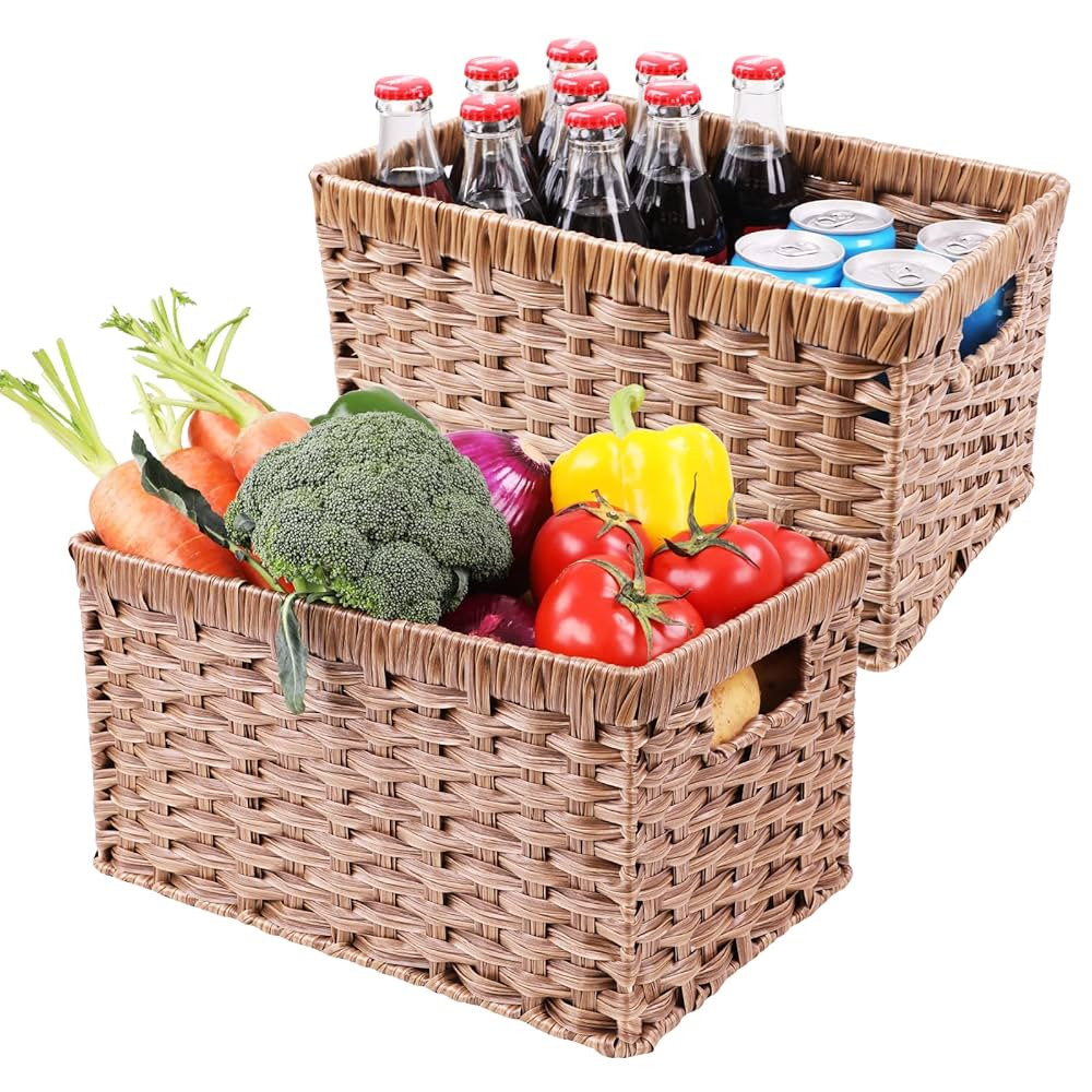 Wicker Baskets 2 Pack, Rectangular Wicker Storage Basket with Handles, Waterproof Plastic Large B... | Amazon (US)