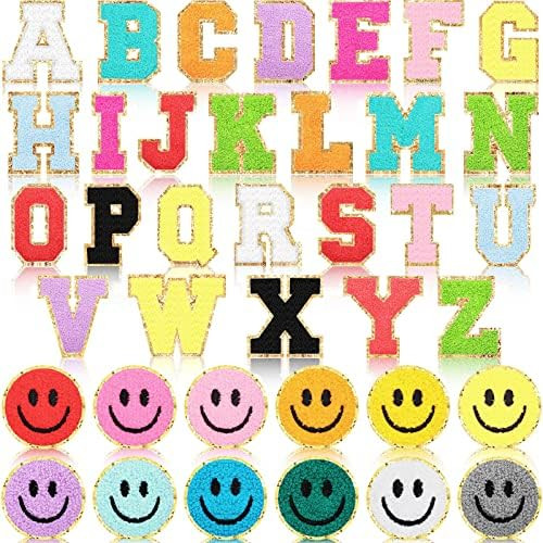 38 Pieces Iron On Letters A-Z Glitters Patches Chenille Letter Patches Love Smile Face Patches Alpha | Amazon (US)