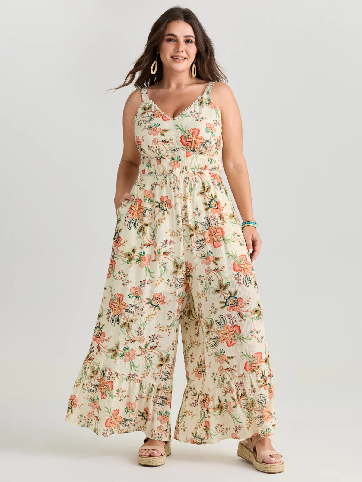 Floral Lace Trim Cinched-Waist Jumpsuit | Bloomchic