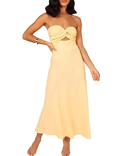 Sexy Twist Front Strapless Sweetheart Neckline Midi Dresses for Women Smocked Cutout Tube Linen D... | Amazon (US)