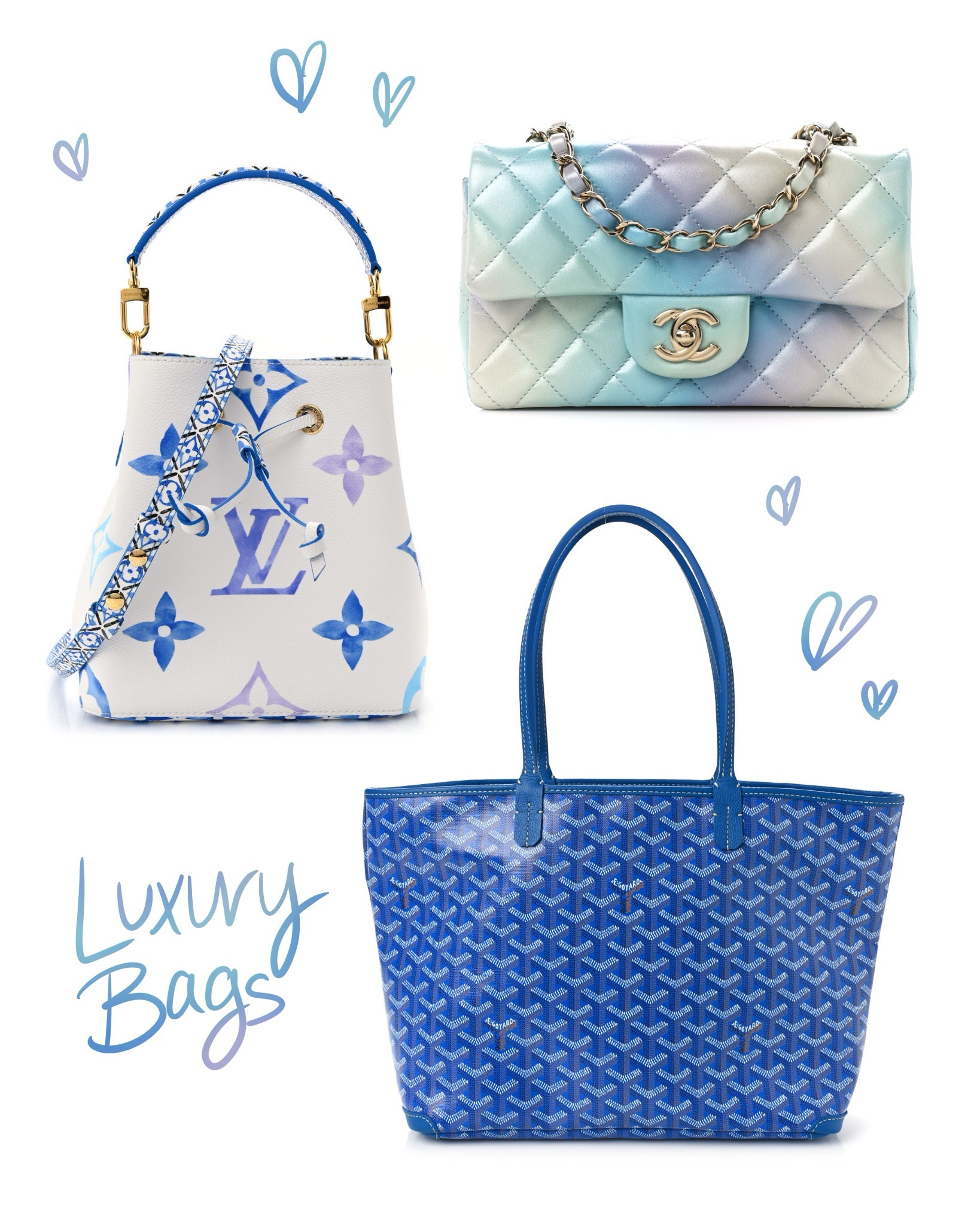 Blue luxury bags Chanel mini rectangular flap ombré tie dye quilted lambskin handbag sky blue goyardine artois pm tote bag goyard Louis Vuitton neo noe bucket bag giant by the pool blue monogram multicolor bag

#LTKstyletip #LTKover40 #LTKSeasonal