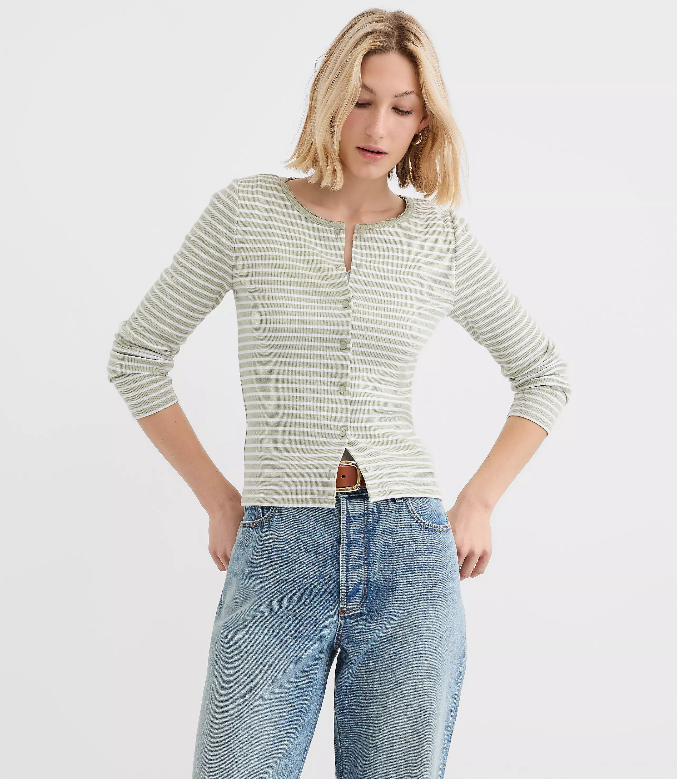 Striped Scalloped Ribbed Cardigan | LOFT