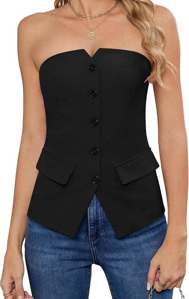 Women's Summer Strapless Vest Tops Notched Neck Tube Tops Button Fitted Sleeveless Work Business ... | Amazon (US)