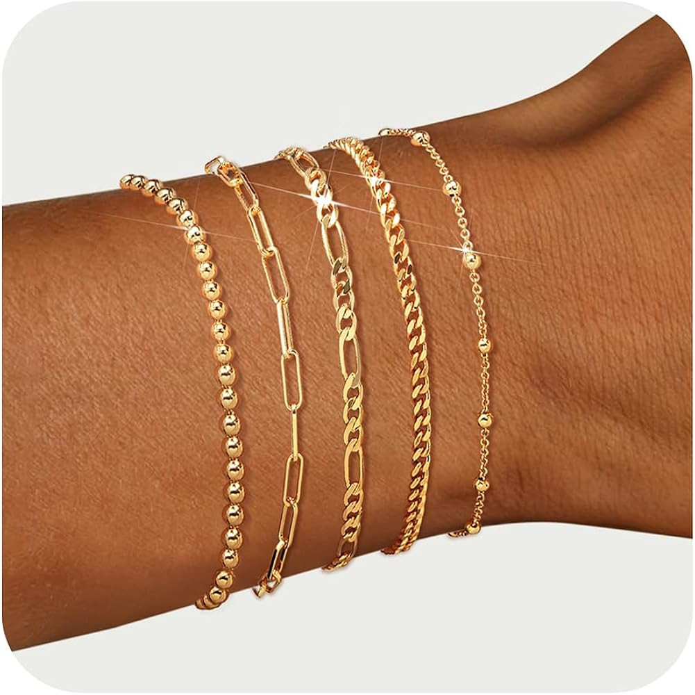 adoyi Gold Bracelets for Women, 14K Gold Plated Stackable Bracelet Stack Set Adjustable Charm Pap... | Amazon (US)