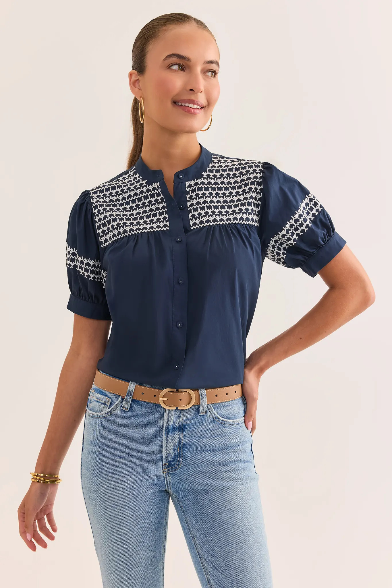 Trudy Navy and White Embroidered Top | Avara