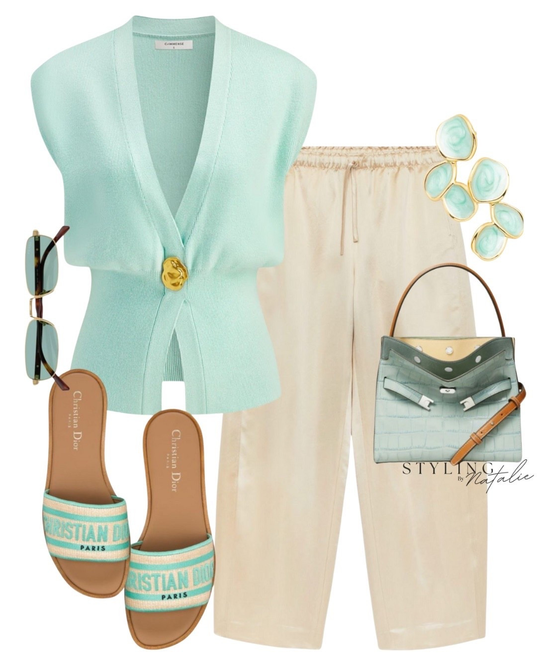 Comfy casual chic summer look- turquoise v neck top, butter yellow satin drawstring trousers , Dior slides and Tory Burch croc bag. Pull on trousers, effortless, everyday look, workwear 

#LTKeurope #LTKworkwear #LTKsummer