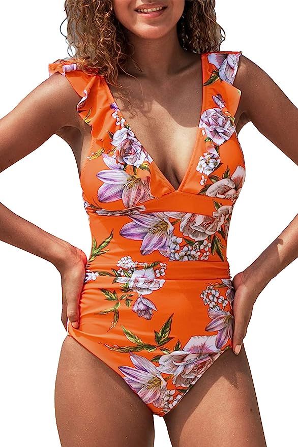 CUPSHE Women's V Neck One Piece Swimsuit Ruffled Lace Up Monokini | Amazon (US)