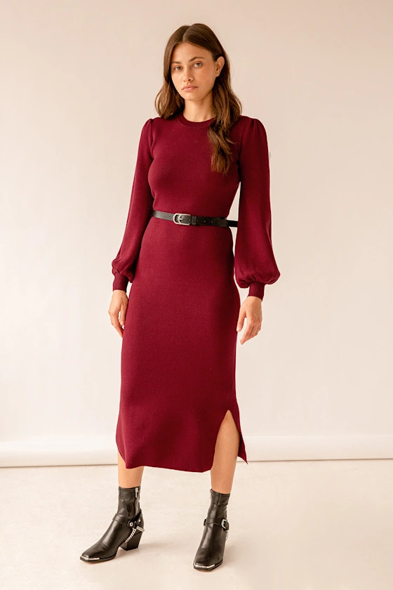 Rhapsodize Burgundy Balloon Sleeve Midi Sweater Dress | Lulus (US)