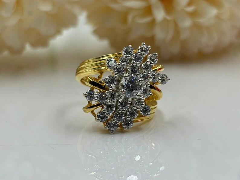 Huge 3ct Round Diamond Waterfall Ring, Diamond Cluster Ring, 14K Yellow Gold Over Cocktail Ring, ... | Etsy (US)