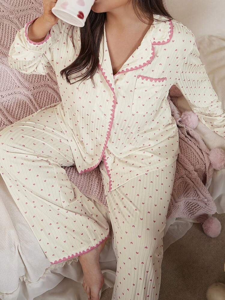 Slumberry CURVE Plus Size Heart Print Contrast Color Pajama Set With Long Sleeve Top And Pants, Fall Winter Clothes, Cozy Outfit | SHEIN