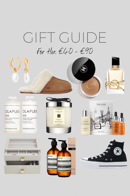 Gift Guide - For Her - £40 to £90

Christmas gift guide, gift ideas, Christmas presents, gifts for her, Black Friday, cyber week, Tan Luxe, Aesop, Stackers, Olaplex, Ugg, Chanel bronzer, converse 

#LTKGiftGuide #LTKCyberweek #LTKHoliday