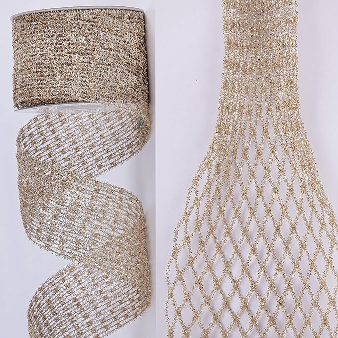 CSZD RIBBON Gold Stretchable Glitter Metallic Mesh Ribbon Wired Web Ribbon Wide 2.5" to 7" for Ch... | Amazon (US)