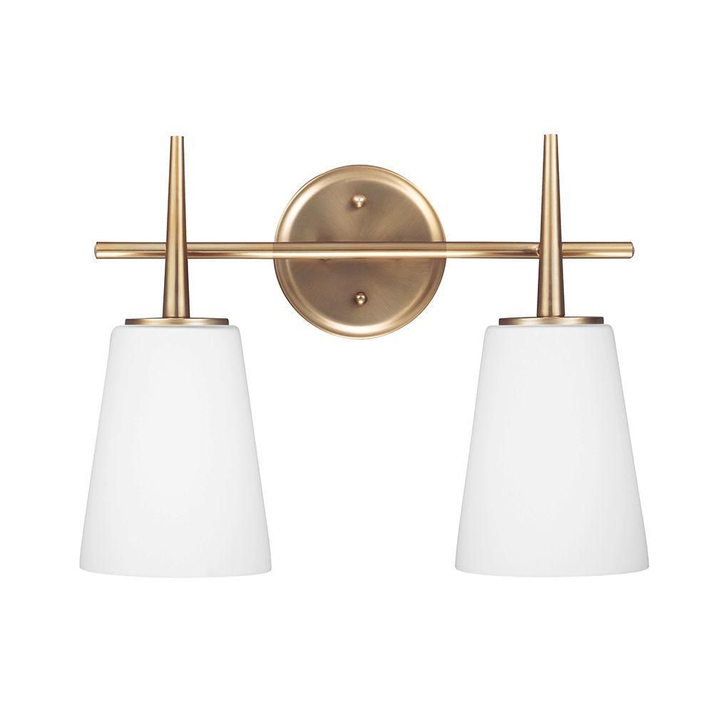 Sea Gull Lighting Driscoll 15.5 in. W. 2-Light Satin Brass Wall/Bath Vanity Light with Inside Whi... | The Home Depot