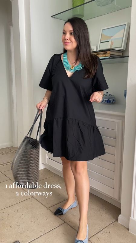 Easy to throw on and go flouncy short sleeve dress that comes in black, floral print and white. A variety of styling options - a great wear to work or office style look, graduation dress, summer party dress 
Runs big, size down. Currently 20% off, makes it $24 
Denim ballet flats 


#LTKVideo #LTKworkwear #LTKfindsunder50