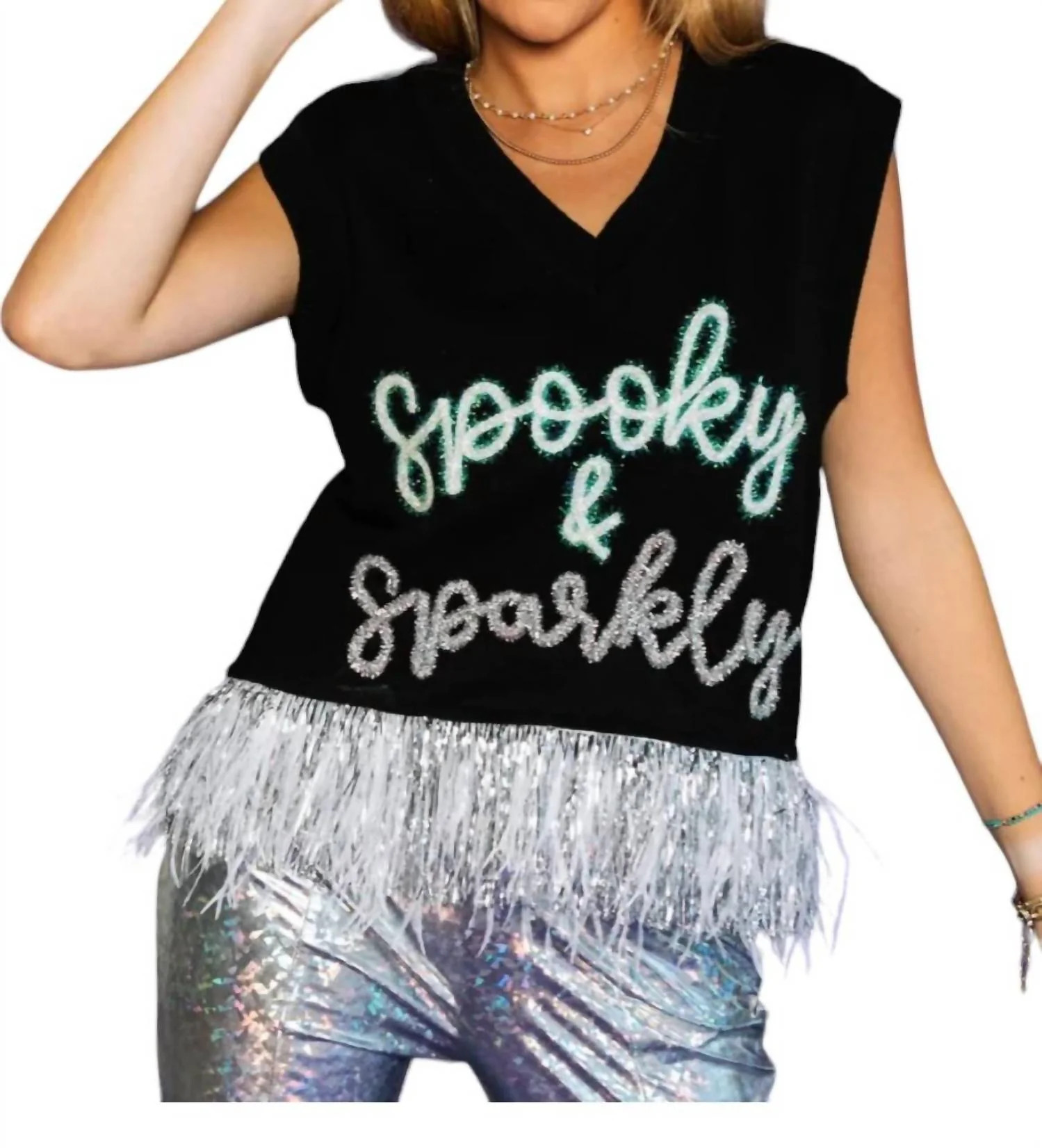 Spooky & Sparkly Feather Tank Top In Black | Shop Simon