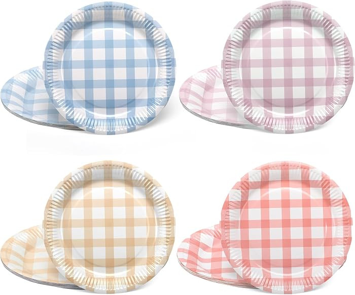 Tioncy 40 Pieces Gingham Cake Dessert Paper Plates 9 Inch Pastel Round Picnic Paper Plates Dispos... | Amazon (US)