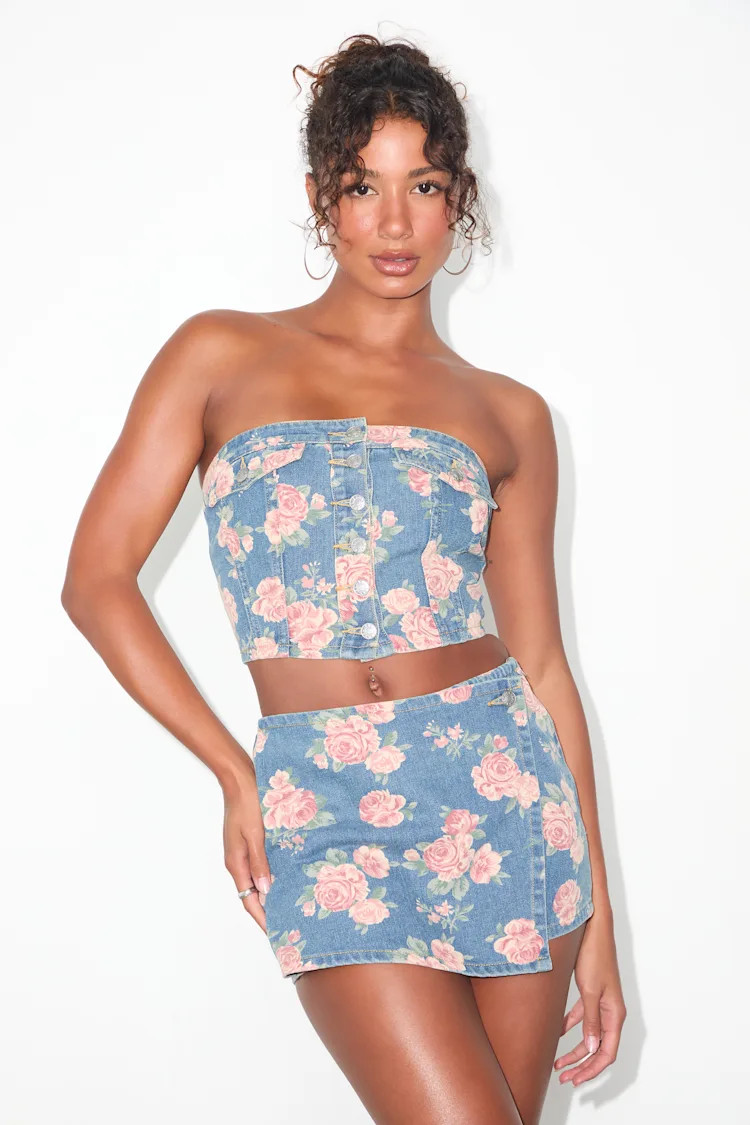 Ophirah Light Wash Floral Denim Strapless Crop Top | Lulus