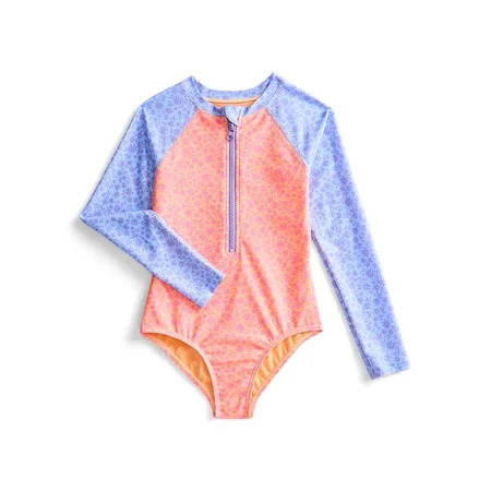 Wonder Nation Girls Zip Up Rash Guard One Piece Swimsuit with Long Sleeves Sizes 4-18 | Walmart (US)