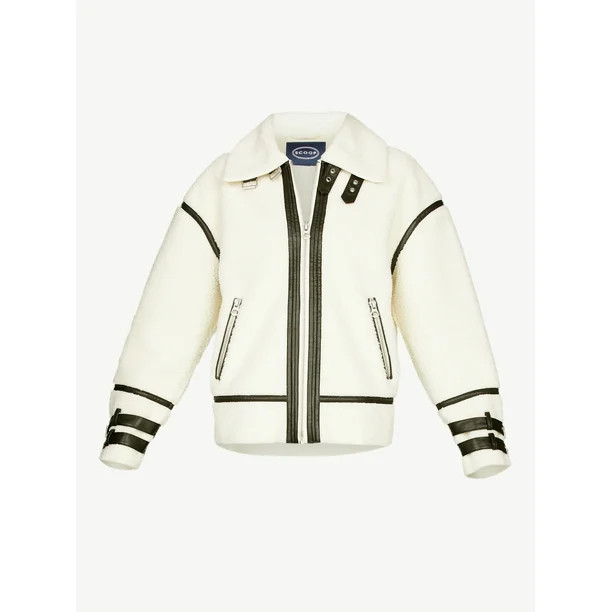 SCOOP SHERPA MOTO JACKET WITH BUCKLE DETAILS - Walmart.com | Walmart (US)