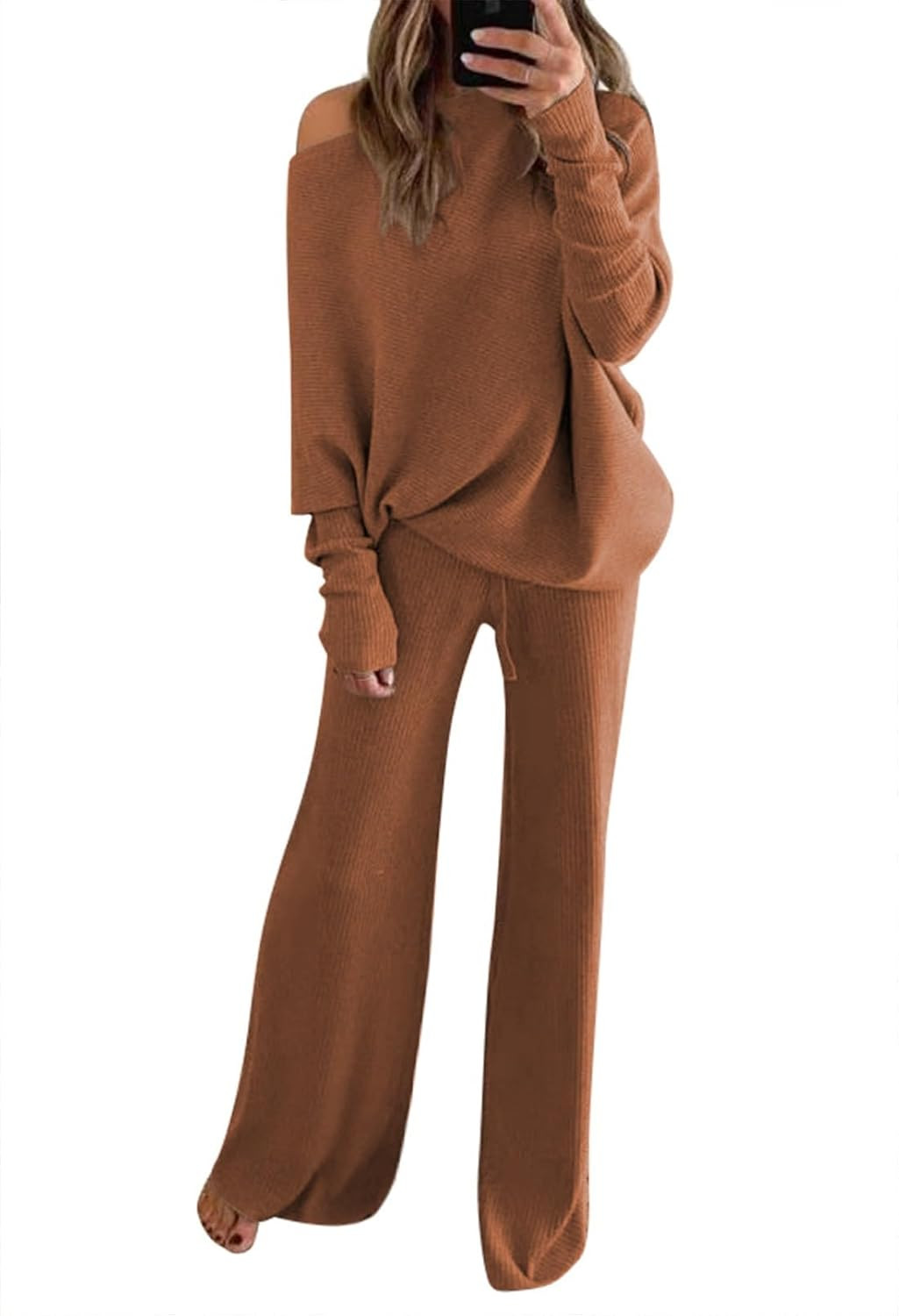 Fixmatti Womens Knitted Outfits 2 Pieces Sweatsuit Off the Shoulder Sweater Wide Leg Pant Set | Amazon (US)